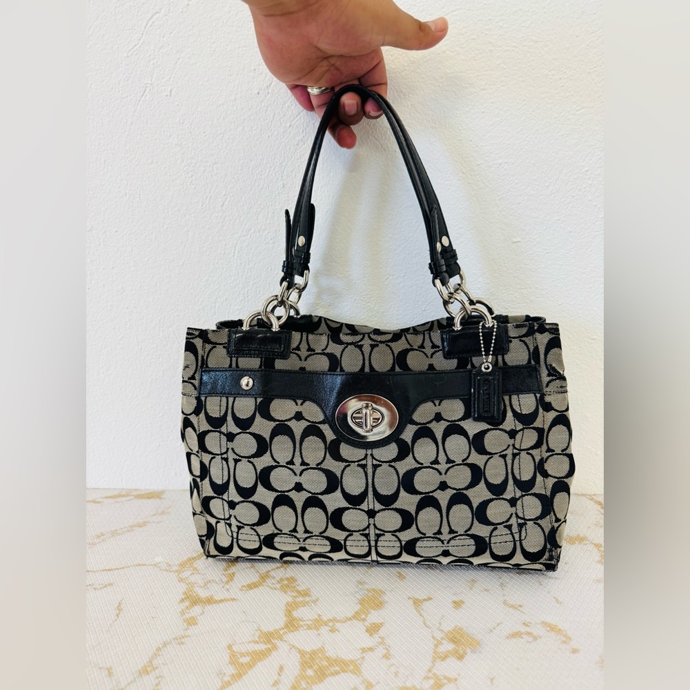 Coach Black and Tan Signature Canvas Tote